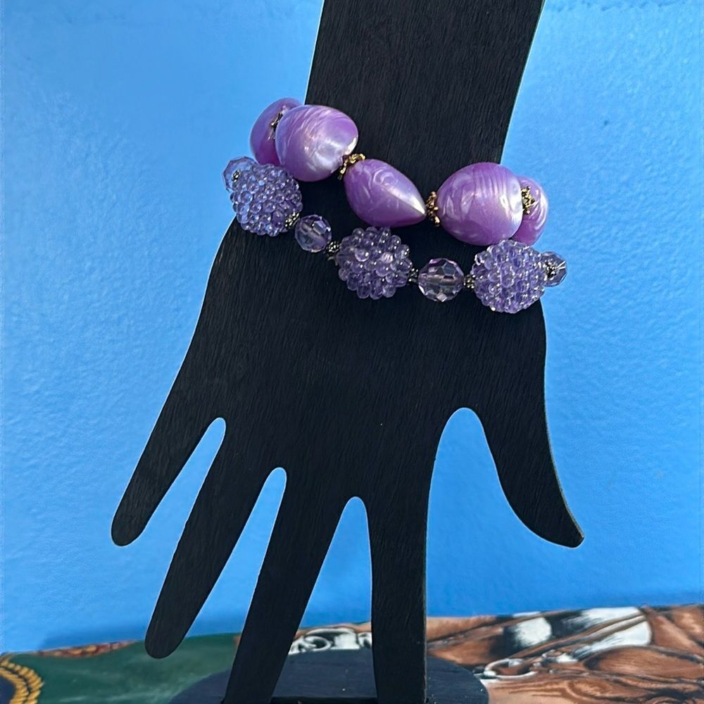 Purple Hearts & Large Berry Beads Stretch Bracelets Set Costume Jewelry